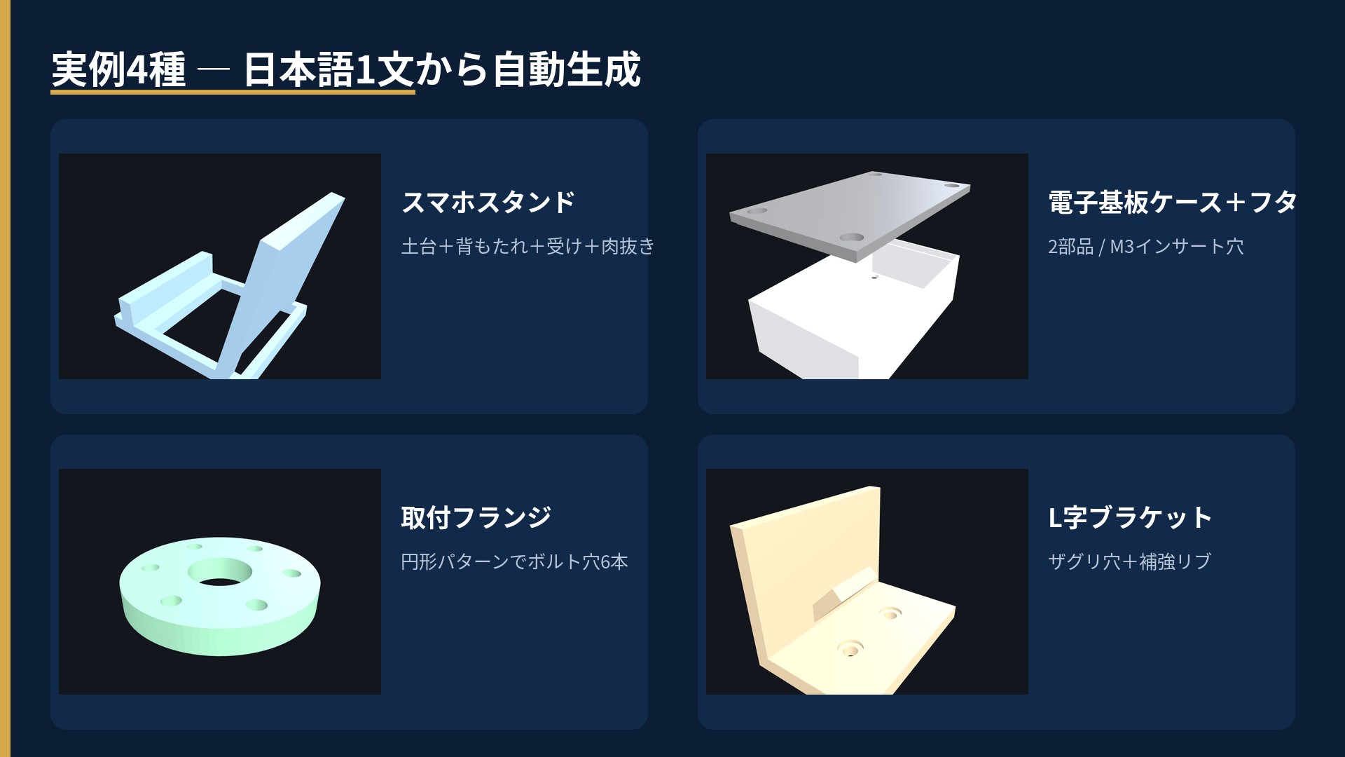 実例4種。スマホスタンド、電子基板ケース＋フタ、取付フランジ、L字ブラケット