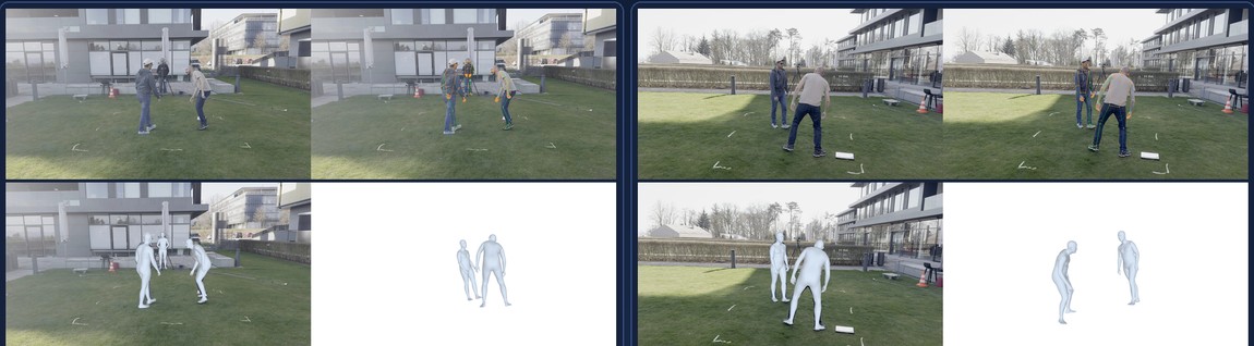 2台のカメラそれぞれで、入力・2D姿勢・3Dメッシュを復元した多視点の結果
