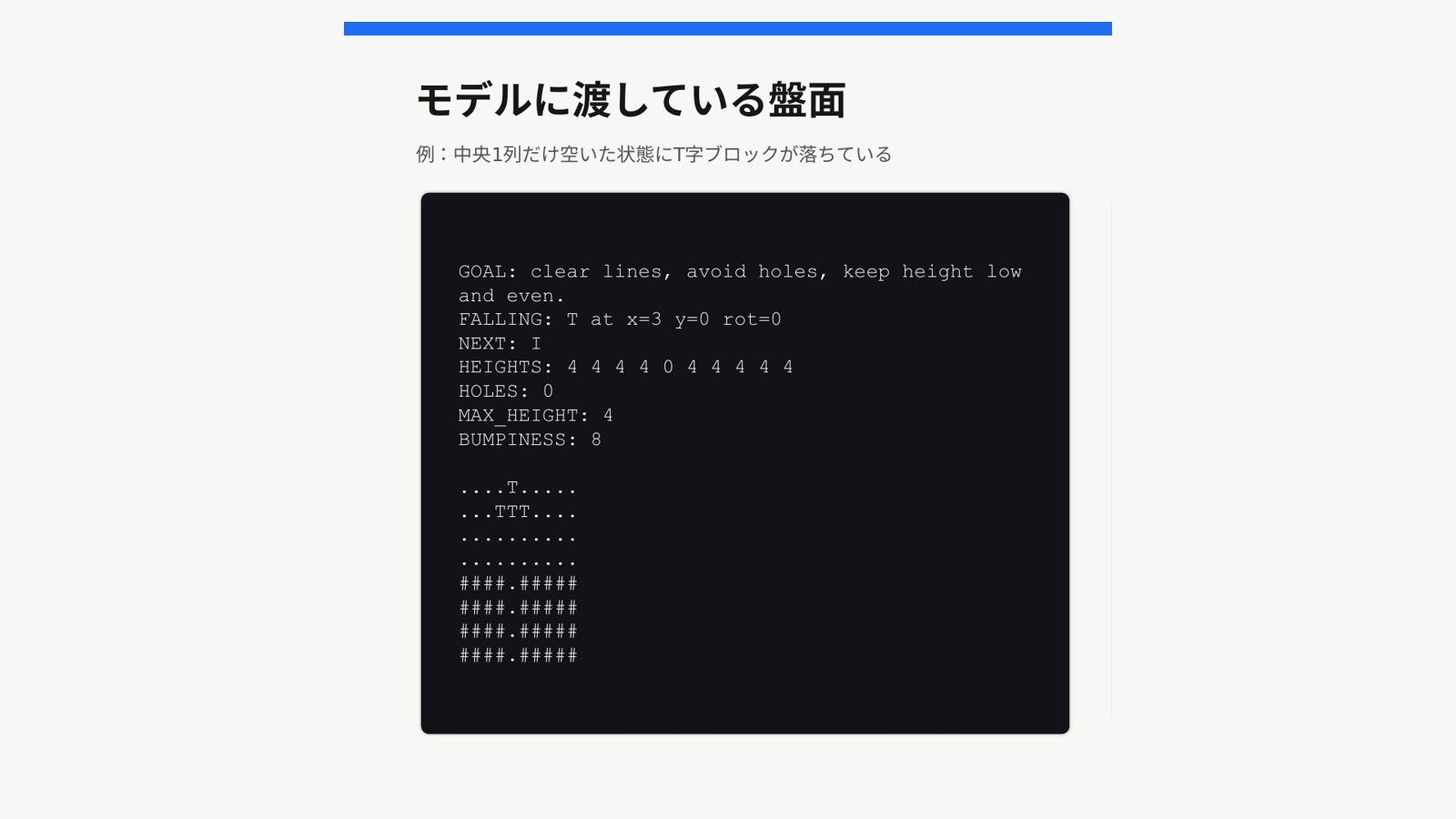 GOAL・FALLING・NEXT・HEIGHTS などの数値と、中央が空いた ASCII 盤面