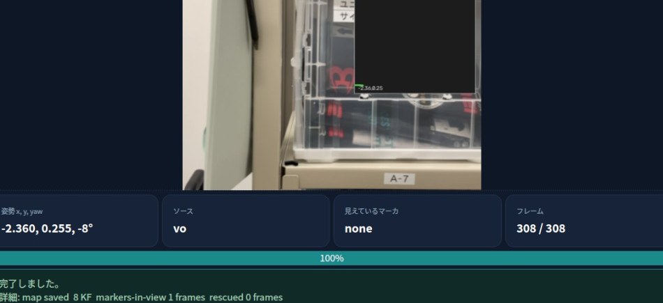 マーカーなしの壁面テスト。308フレームすべてを処理して完了