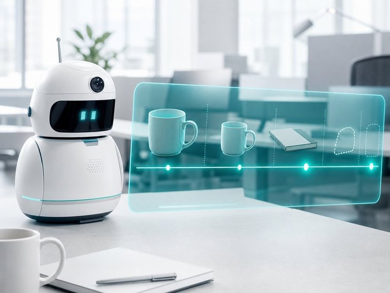 ロボットの隣に、マグカップやノートが時系列に並んだホログラム状のタイムラインが表示されている
