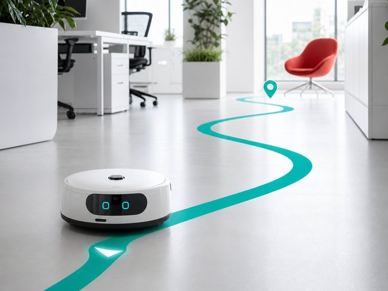 オフィスの床に引かれた経路の線をたどって、円盤型ロボットが赤い椅子へ向かっている