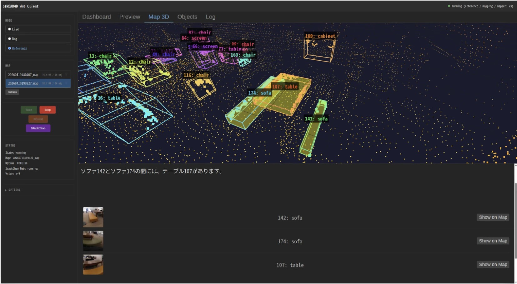 STREAM4D Web Client の画面。Map 3D タブで、検出された椅子・机・ソファ・キャビネットが3Dマップ上にバウンディングボックスとラベル付きで表示され、下部に『ソファ142とソファ174の間には、テーブル107があります。』という回答が表示されている