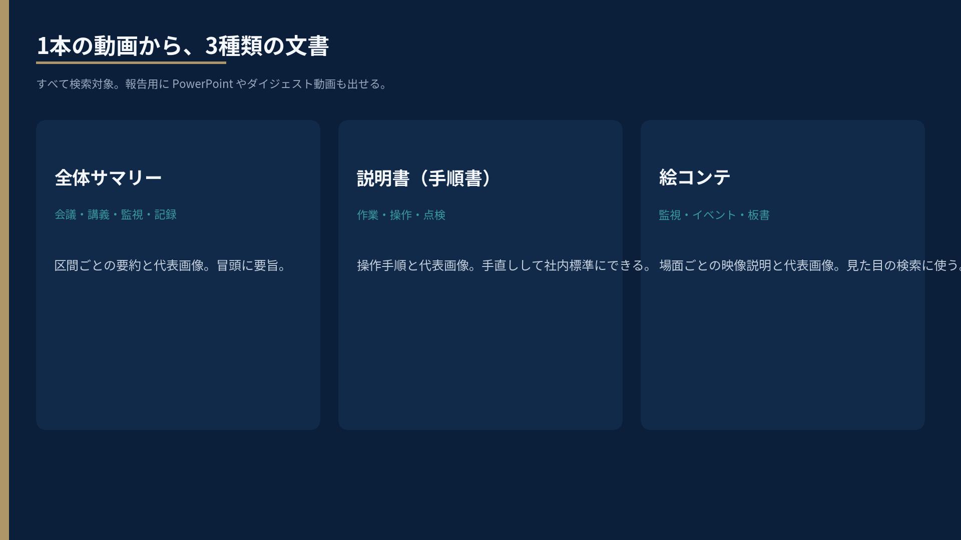 全体サマリー、説明書、絵コンテの3種