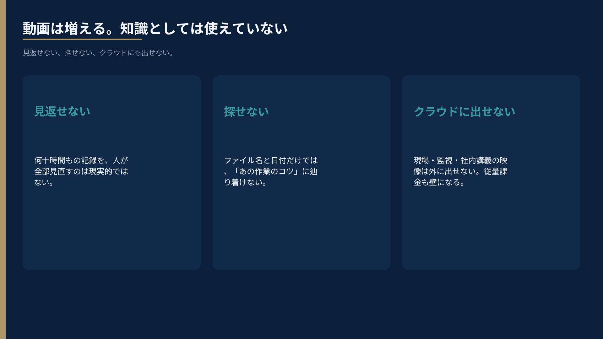 3つの課題。見返せない、探せない、クラウドに出せない